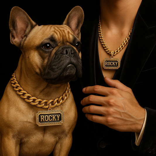 Matching human necklace and dog tag set by Doggie Daddie, made to order in 14K gold